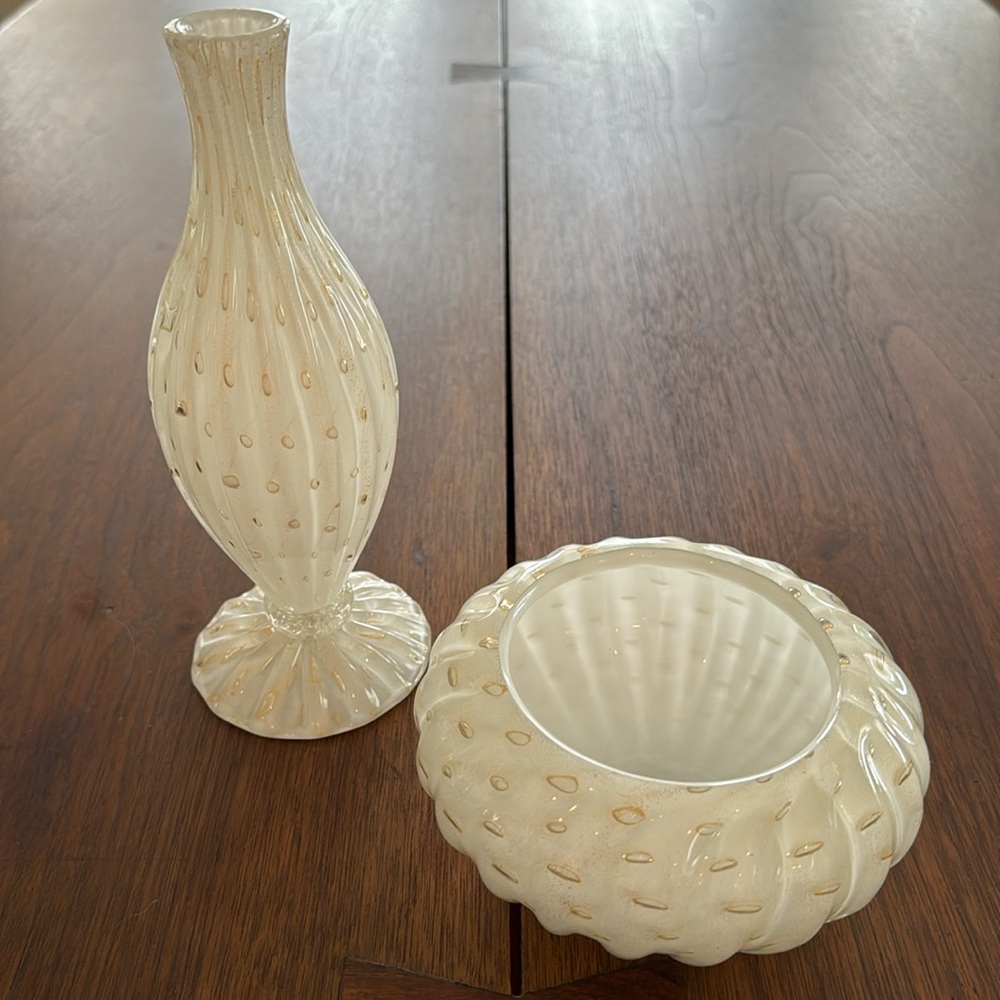 Salviati Murano Art Glass Matching Vase and Bowl Gold Bubbles Pattern MCM Italy